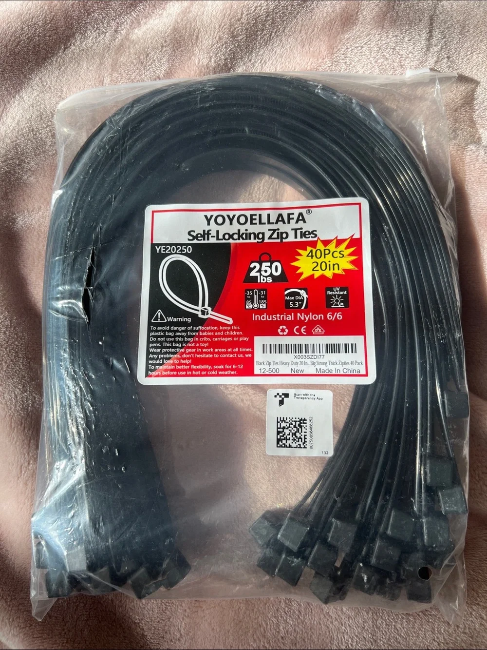 Black Self-Locking Zip Ties - 40 Pack, 20 in